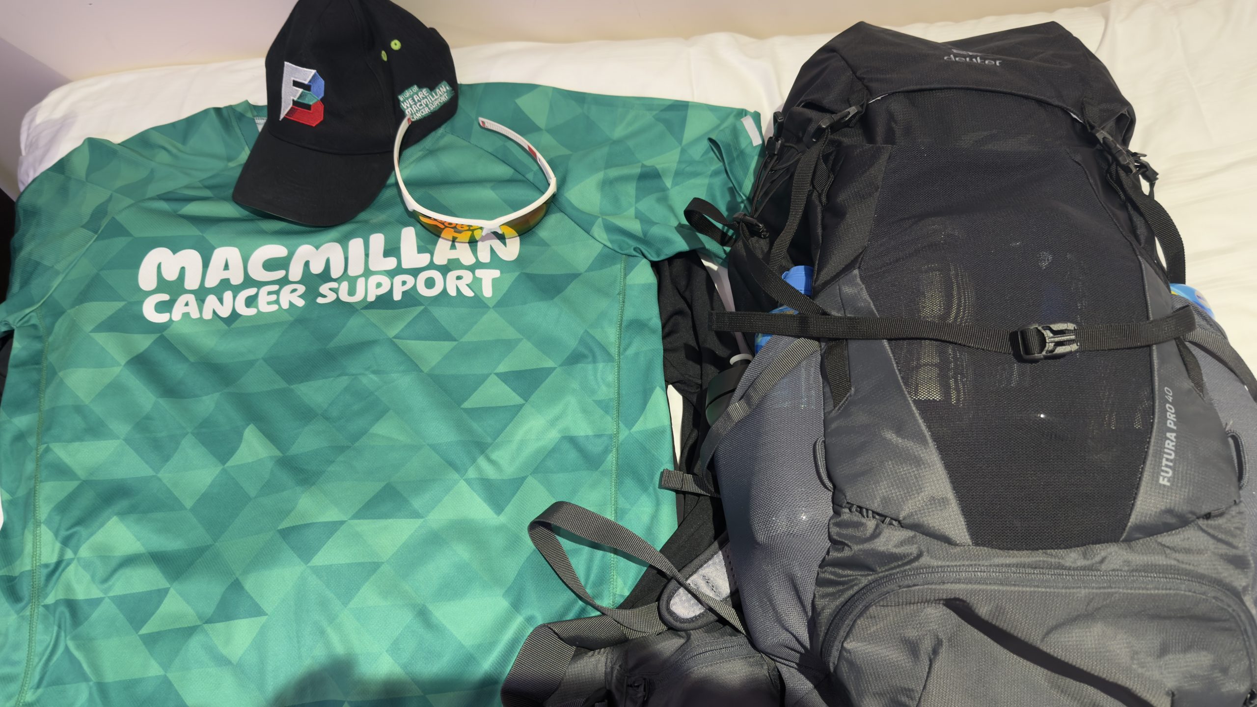 Kit laid out the night before, Macmillan top and the Deuter pack, ready to go